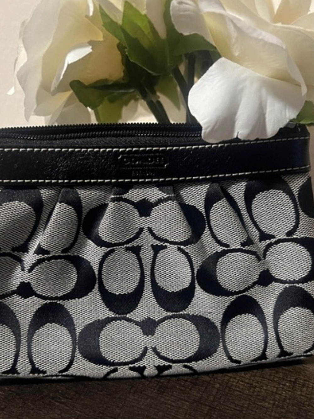 Coach Black and Cream Signature Canvas Wristlet Pouch